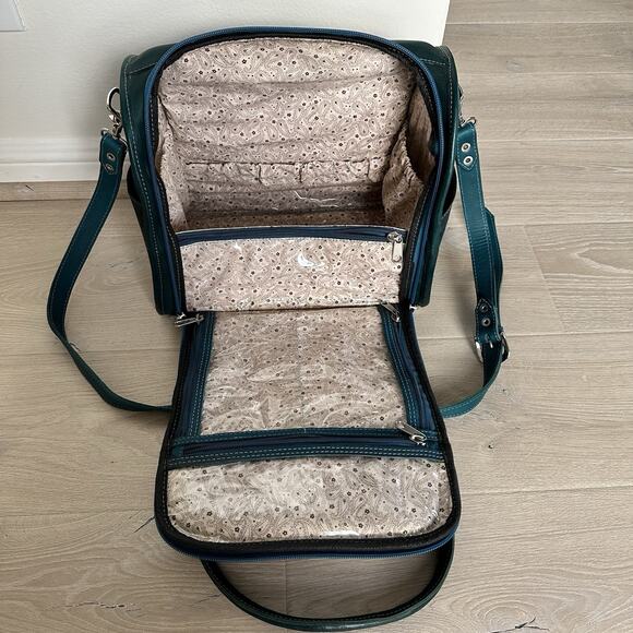 ROPIN WEST VANITY TRAVEL BAG CASE GENUINE HAND TOOLED LEATHER TURQUOISE GREEN - Picture 4 of 13